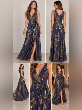 Chetta B Sleeveless Navy and Gold Metallic Wrap Maxi Dress